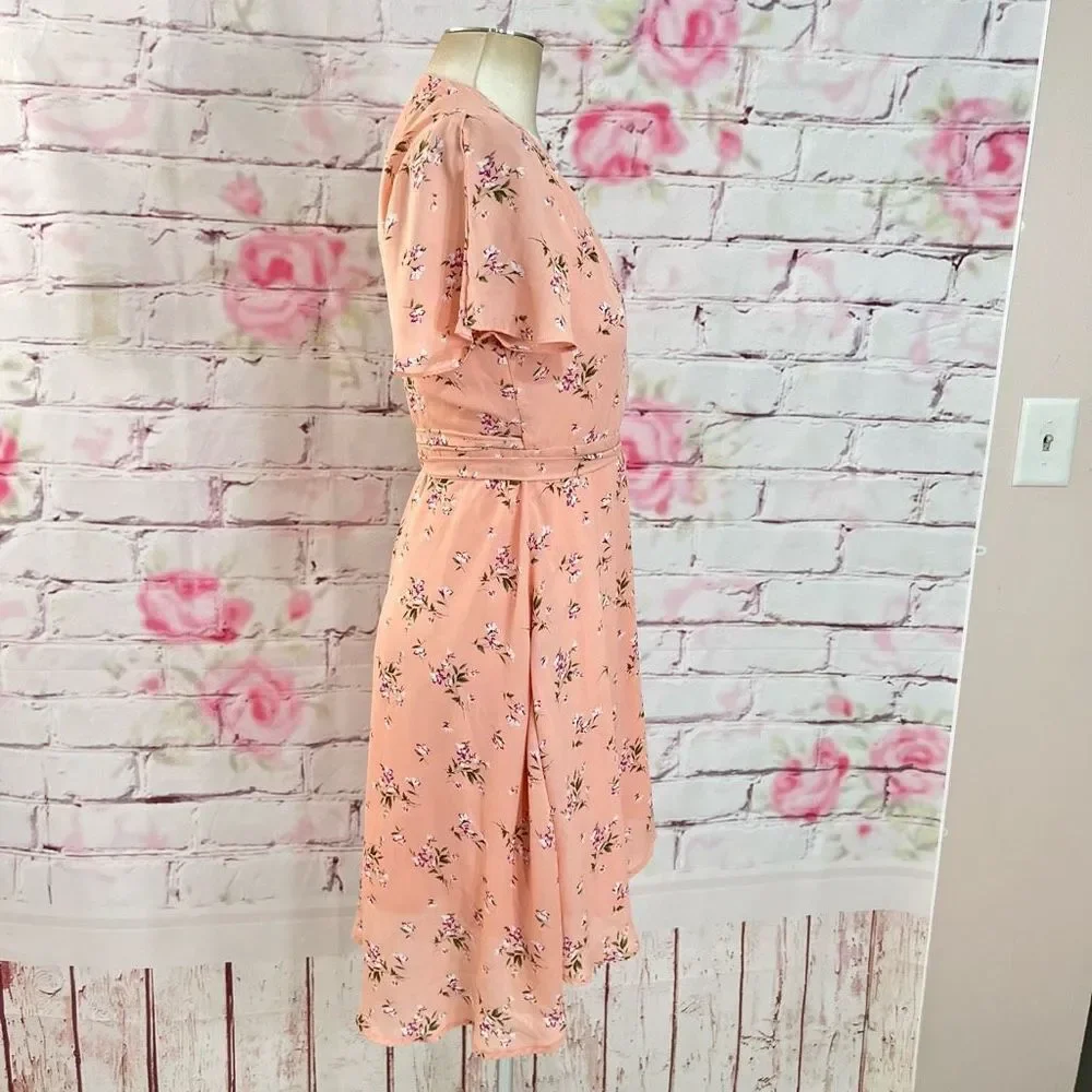 Lulu's Women's True Wrap Floral Short Sleeve Belted Pink Sundress Size S - Picture 4 of 11
